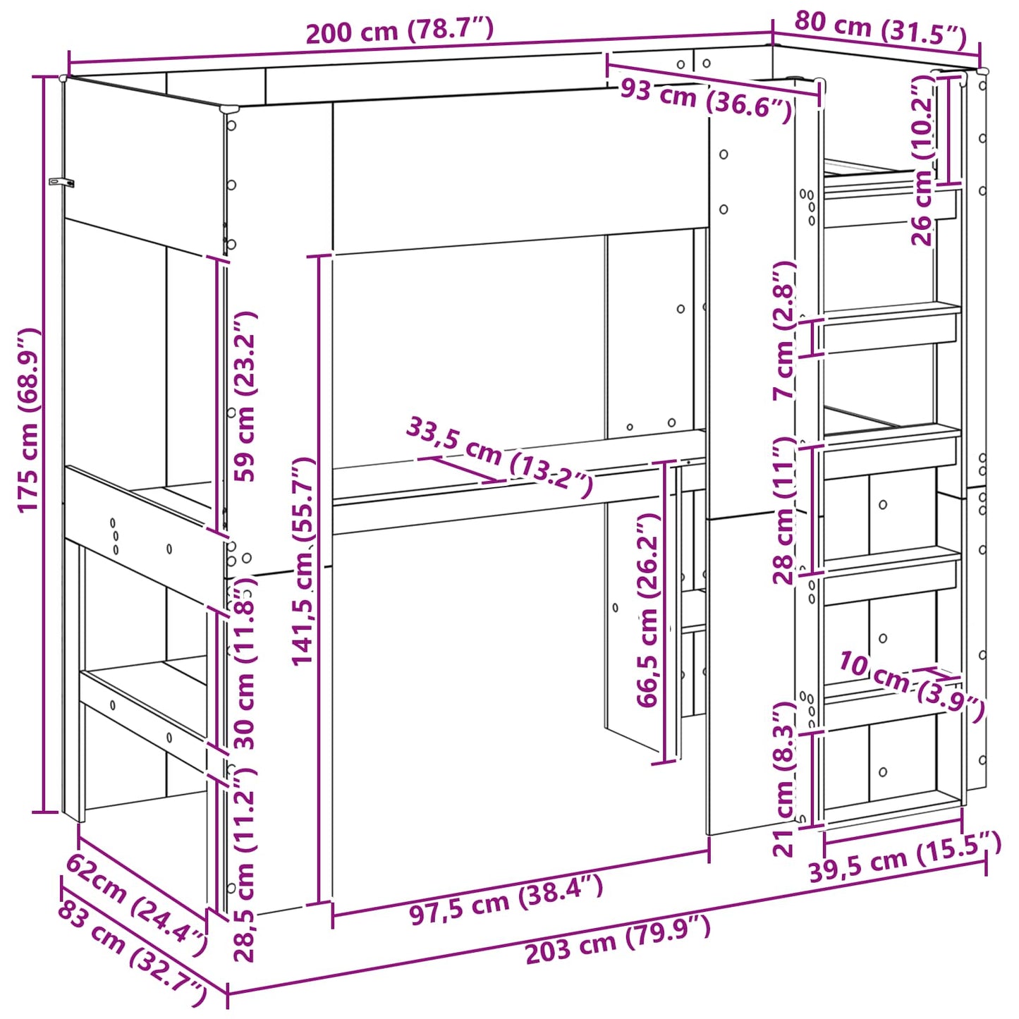 vidaXL Loft Bed Frame with Desk with Shelf Grey Sonoma 80 x 200 cm