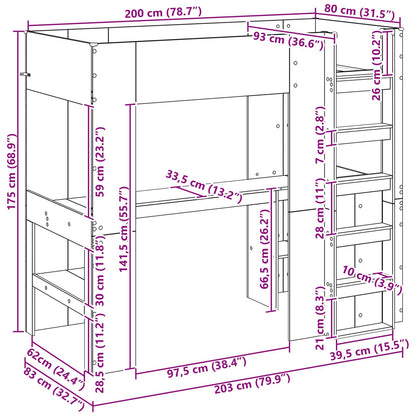 vidaXL Loft Bed Frame with Desk with Shelf Grey Sonoma 80 x 200 cm