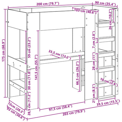 vidaXL Loft Bed Frame with Desk with Shelf Concrete Grey 90 x 200 cm