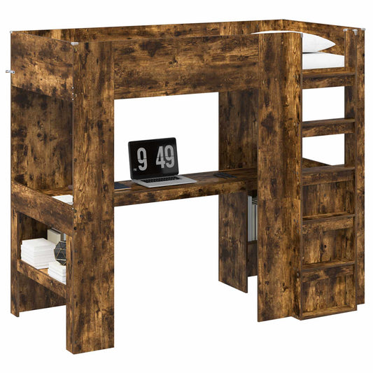vidaXL Loft Bed Frame with Desk Smoked Oak 90 x 200 cm Engineered Wood