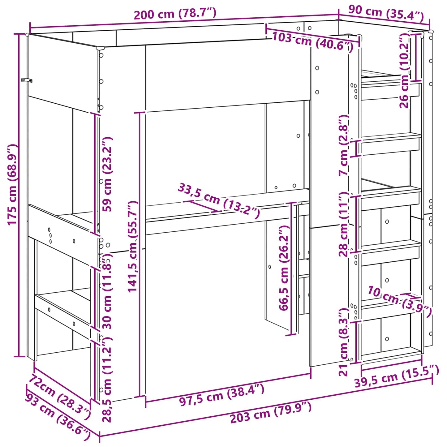 vidaXL Loft Bed Frame with Desk Smoked Oak 80 x 200 cm Engineered Wood