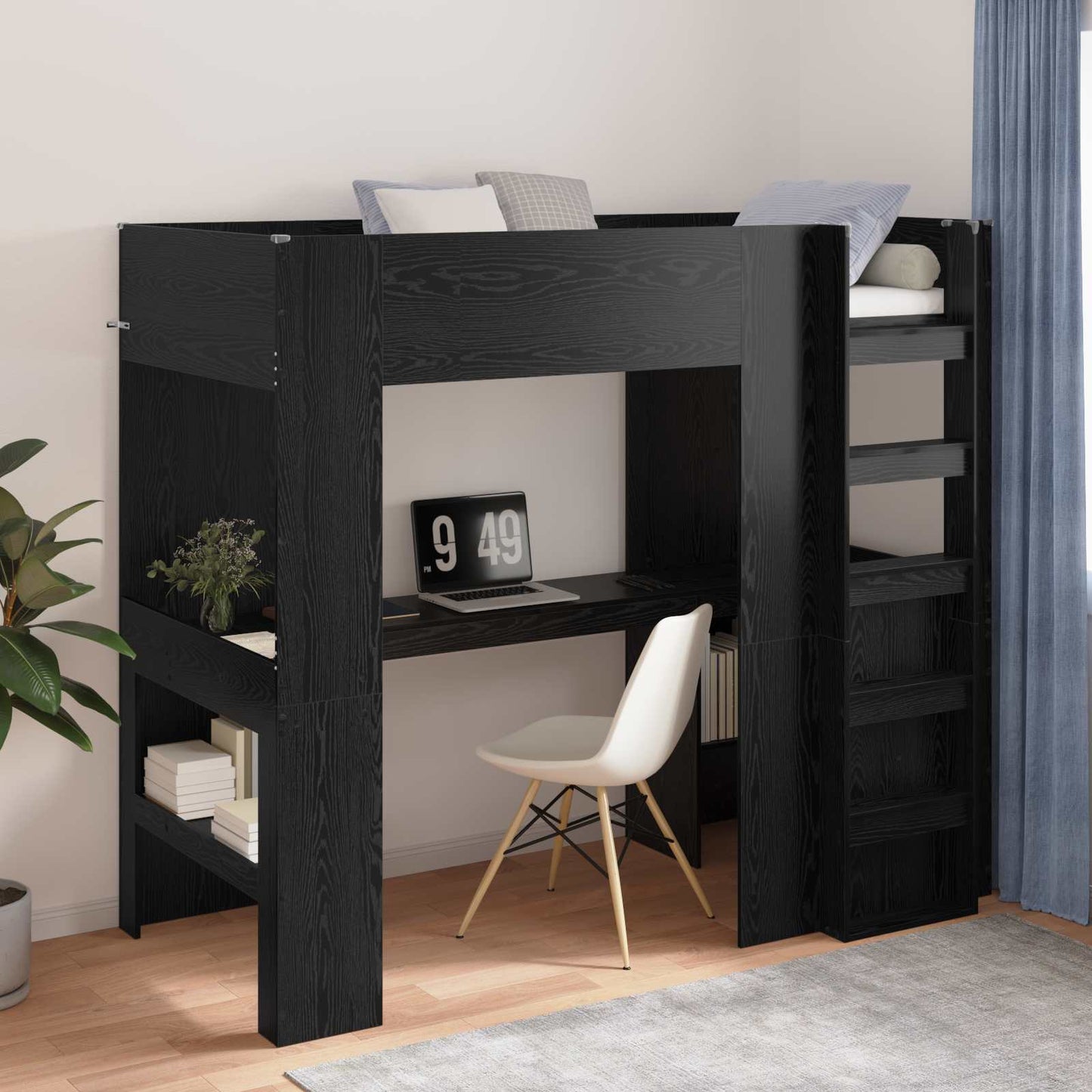 vidaXL Loft Bed Frame with Desk Black Oak 100 x 200 cm Engineered Wood
