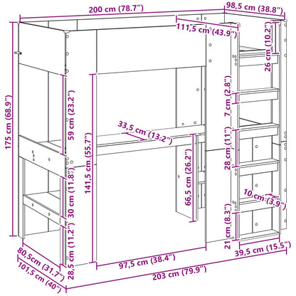 vidaXL Loft Bed Frame with Desk with Shelf Smoked Oak 100 x 200 cm