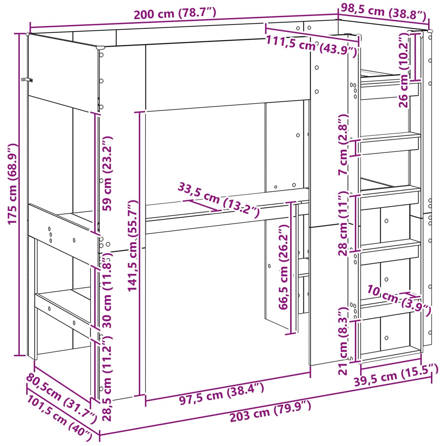 vidaXL Loft Bed Frame with Desk Old Wood 80 x 200 cm Engineered Wood