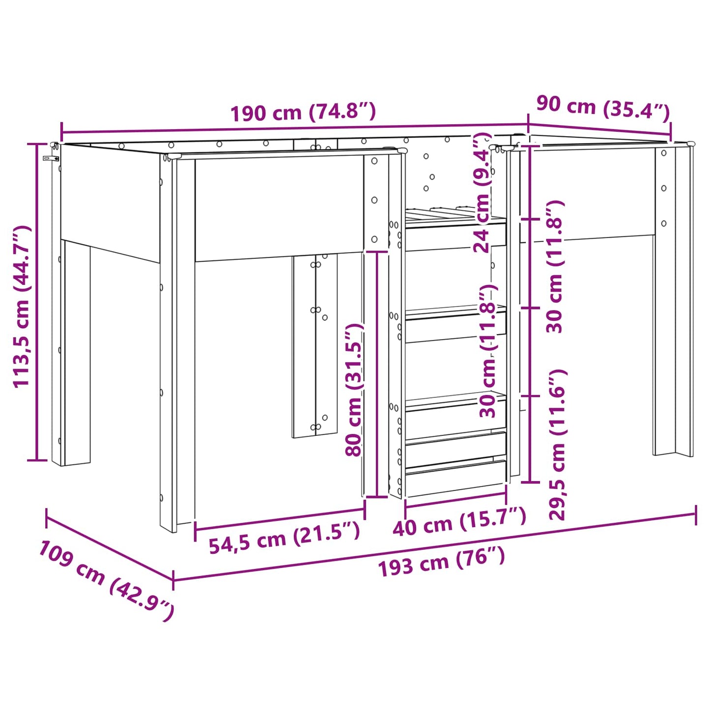 vidaXL Bunk Bed for Kids Black Oak 90 x 190 cm Engineered wood