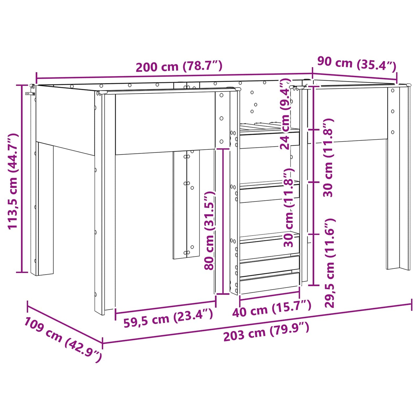 vidaXL Bunk Bed for Kids Black Oak 90 x 200 cm Engineered wood