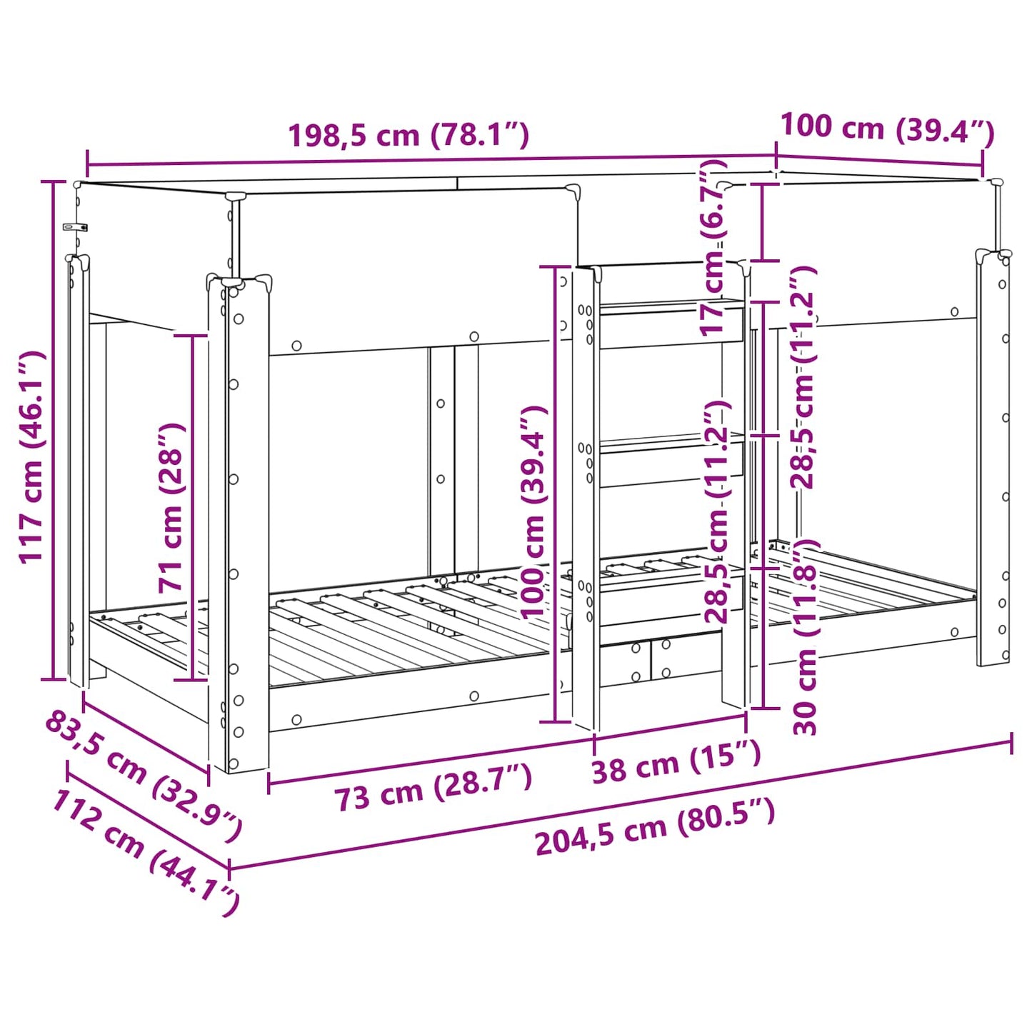 vidaXL Bunk Bed for Kids Smoked Oak 100 x 200 cm Engineered Wood