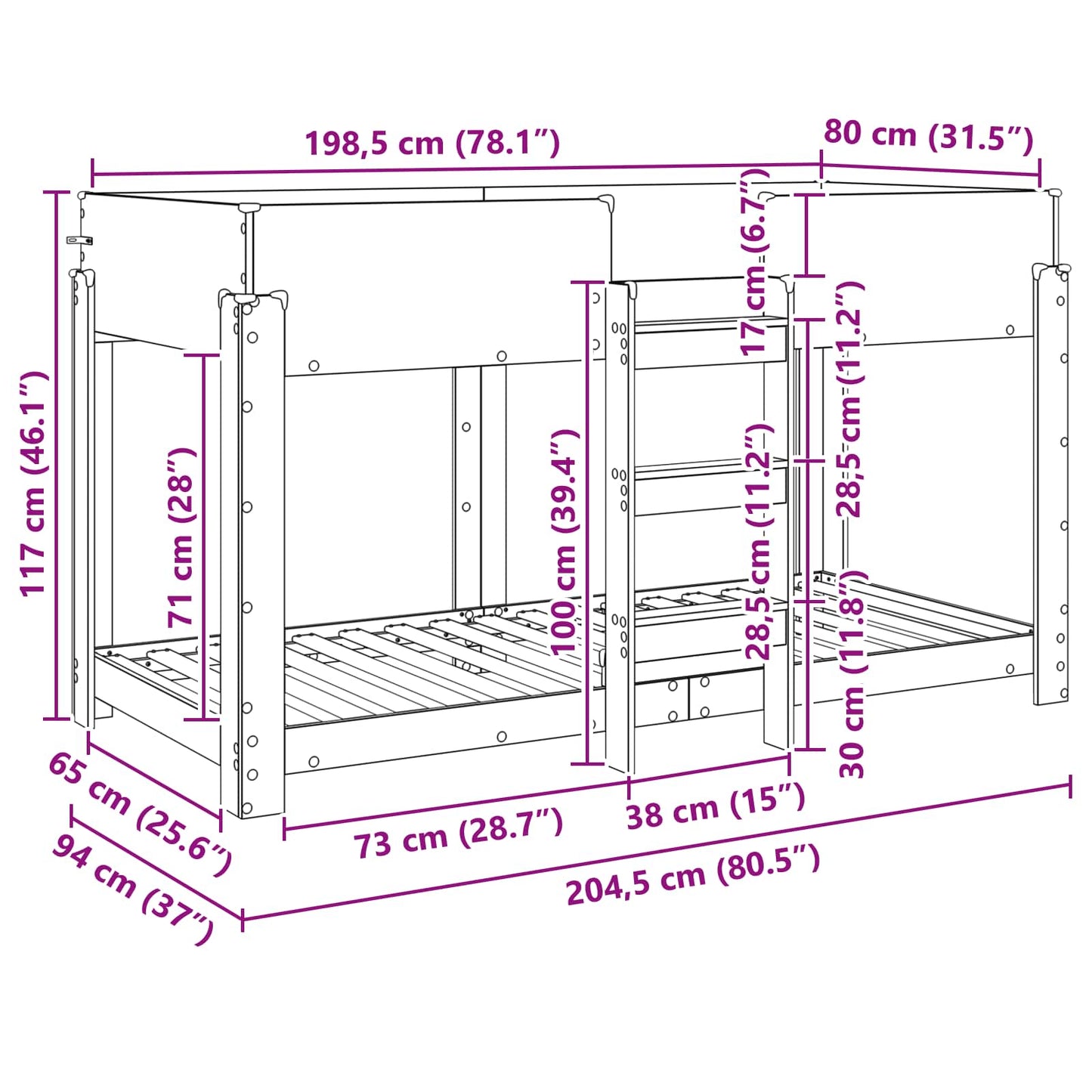 vidaXL Bunk Bed for Kids Smoked Oak 80 x 200 cm Engineered Wood