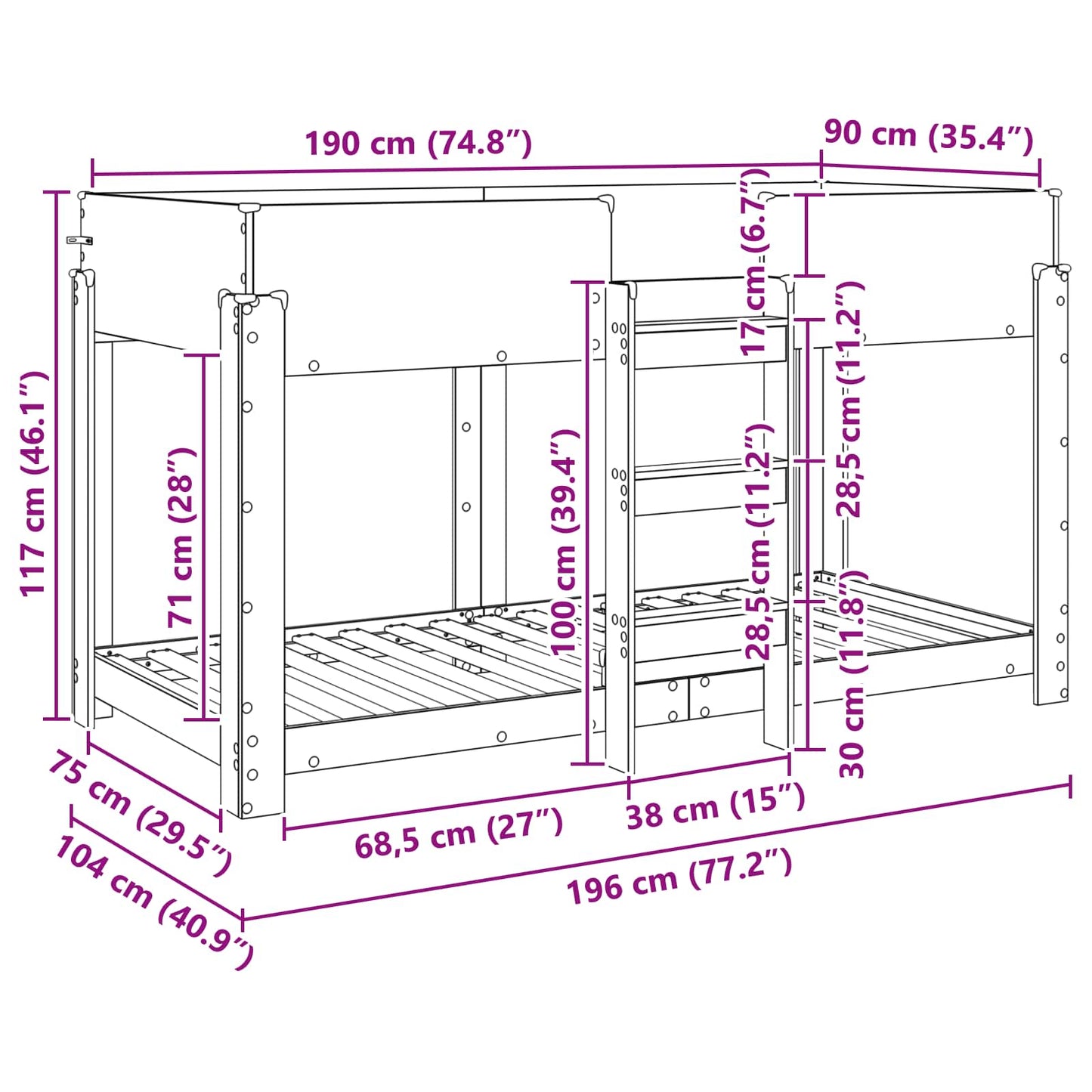 vidaXL Bunk Bed for Kids Grey Sonoma 90 x 190 cm Engineered Wood