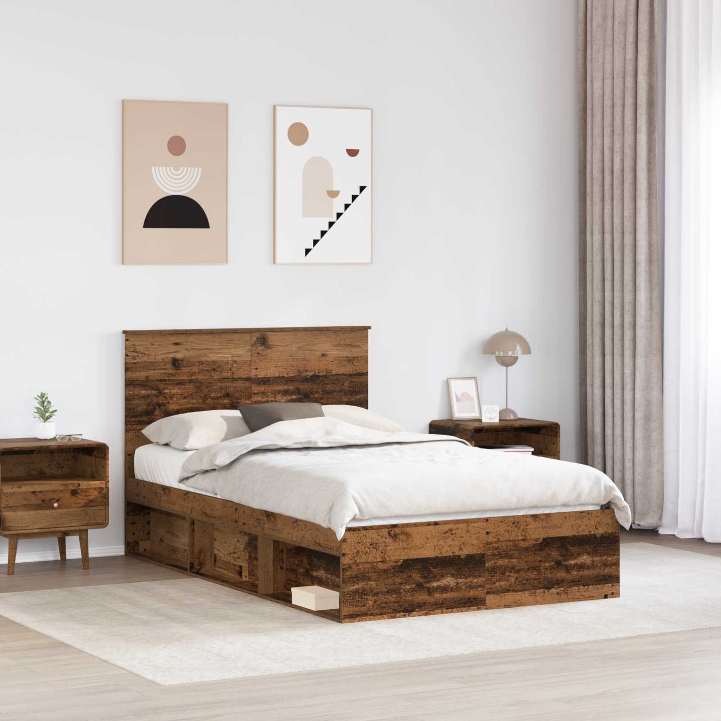 vidaXL Bed Frame with Headboard Old Wood 135 x 190 cm Solid Pine Wood