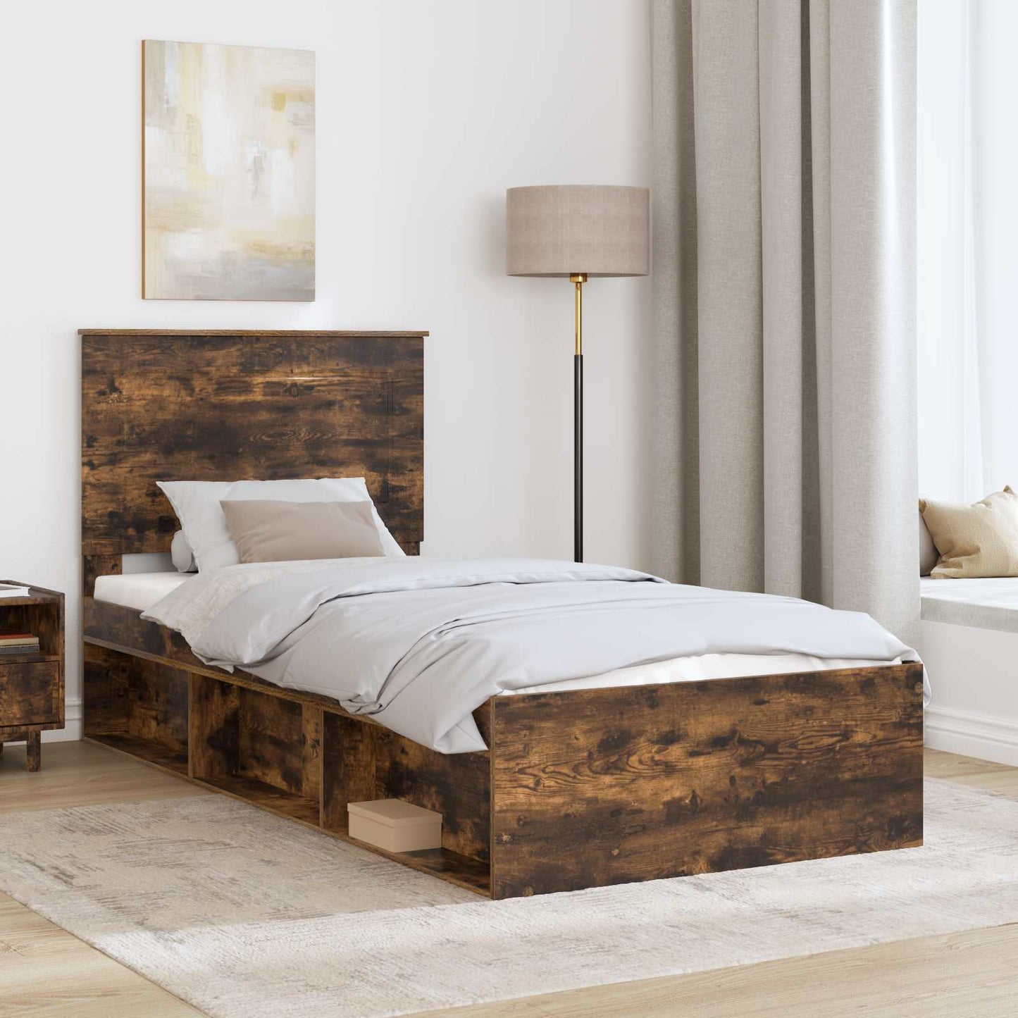 vidaXL Bed Frame with Drawer Smoked Oak 100 x 200 cm Solid Pine Wood