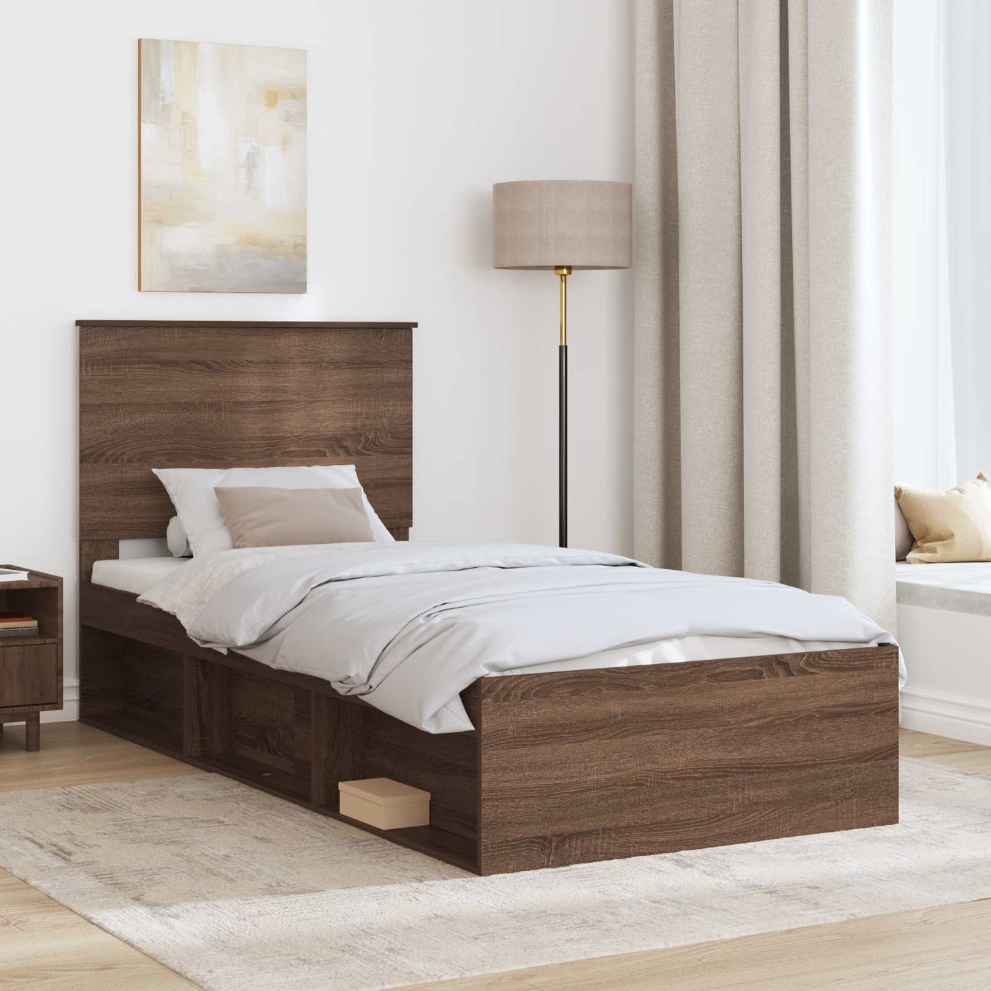 vidaXL Bed Frame with Headboard Brown Oak 100 x 200 cm Solid Pine Wood