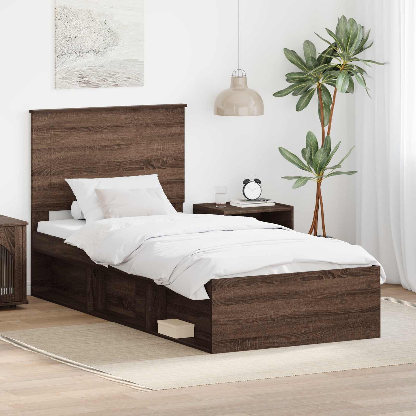 vidaXL Bed Frame with Headboard Brown Oak 75 x 190 cm Solid Pine Wood