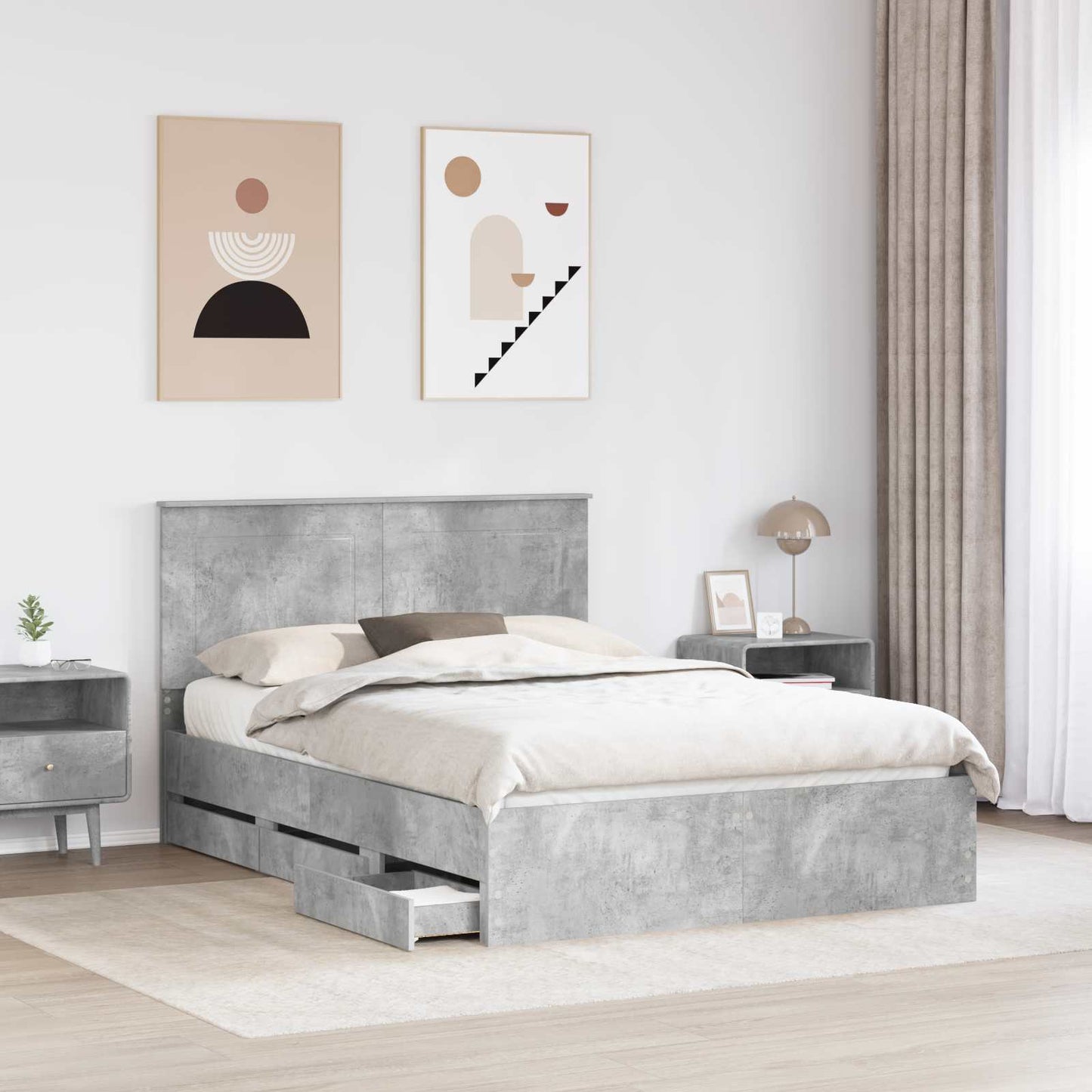 vidaXL Bed Frame with Drawer Concrete Grey 140 x 190 cm Engineer Wood