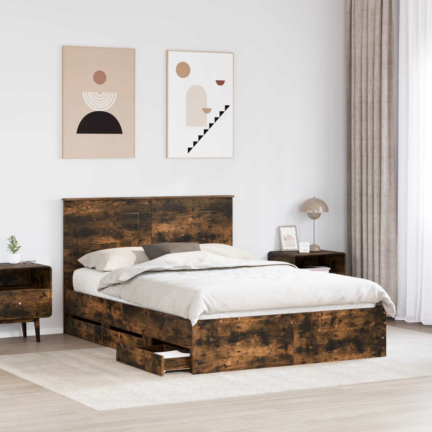vidaXL Bed Frame with Drawer Smoked Oak 140 x 190 cm Engineer Wood