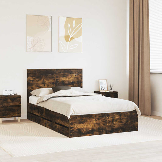 vidaXL Bed Frame with Drawer Smoked Oak 135 x 190 cm Engineer Wood
