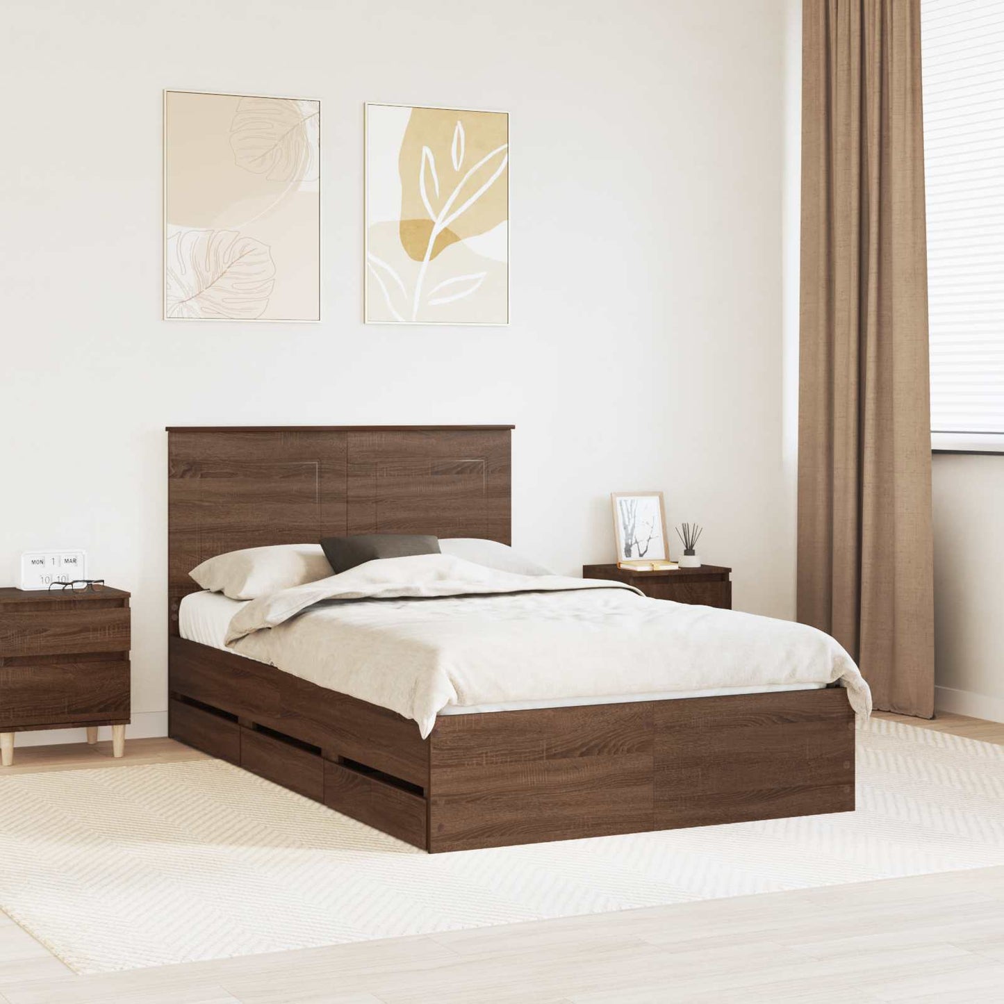 vidaXL Bed Frame with Drawer Brown Oak 135 x 190 cm Engineer Wood
