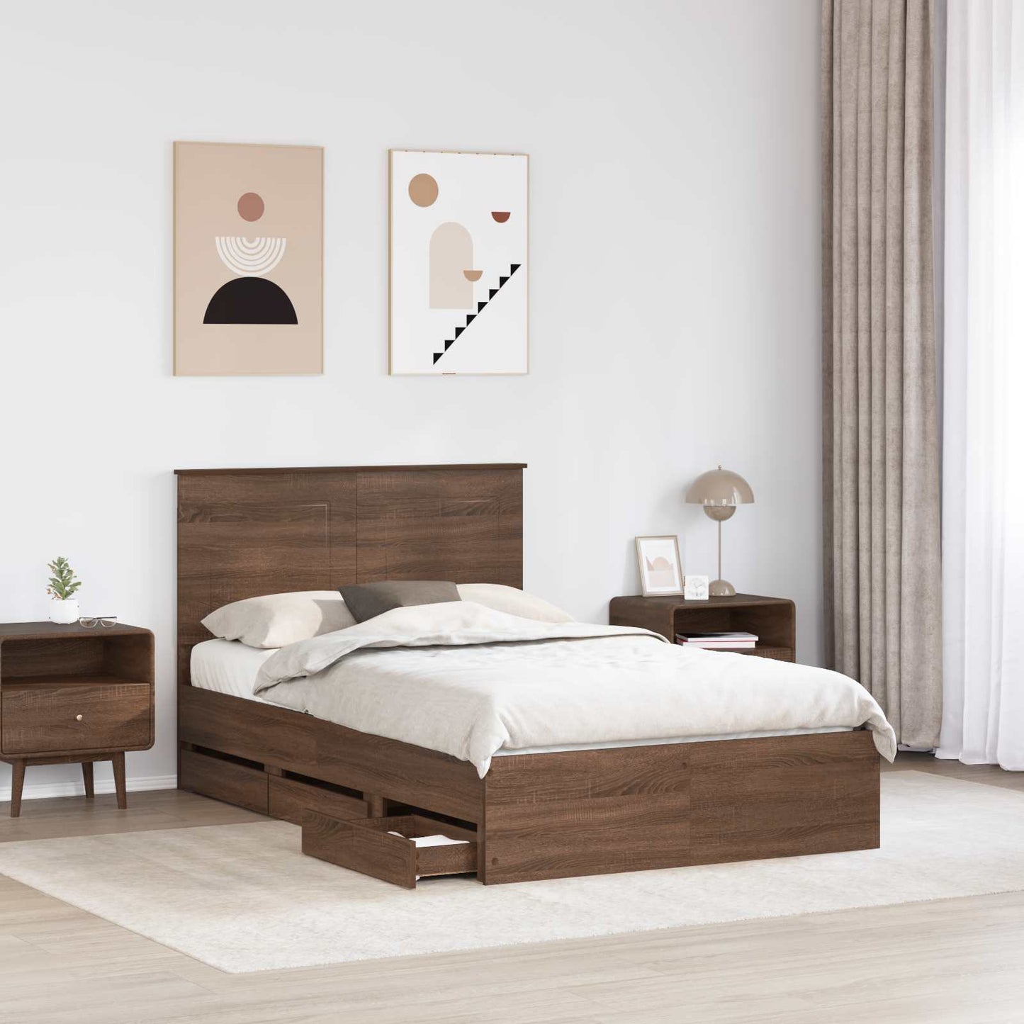 vidaXL Bed Frame with Drawer Brown Oak 135 x 190 cm Engineer Wood