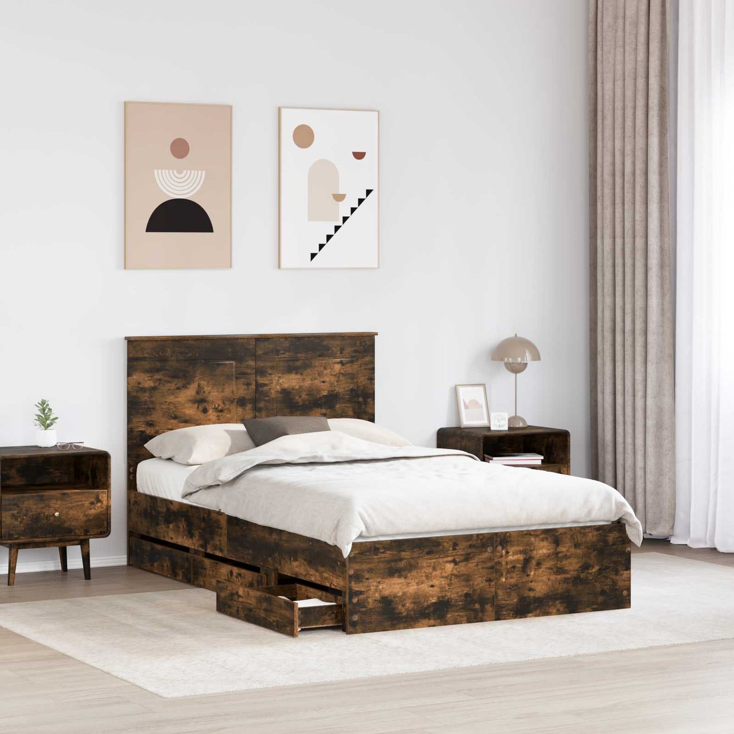 vidaXL Bed Frame with Drawer Smoked Oak 120 x 200 cm Engineer Wood