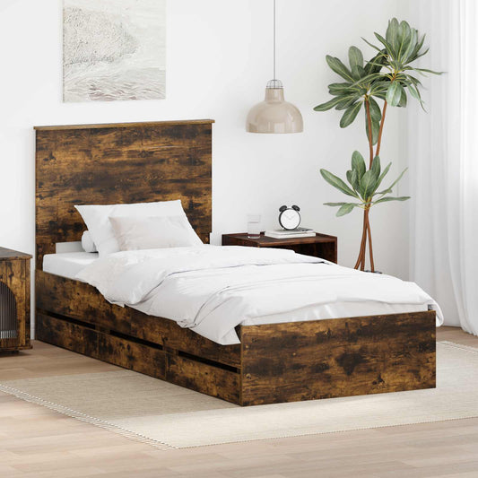 vidaXL Bed Frame with Drawer Smoked Oak 90 x 190 cm Engineer Wood