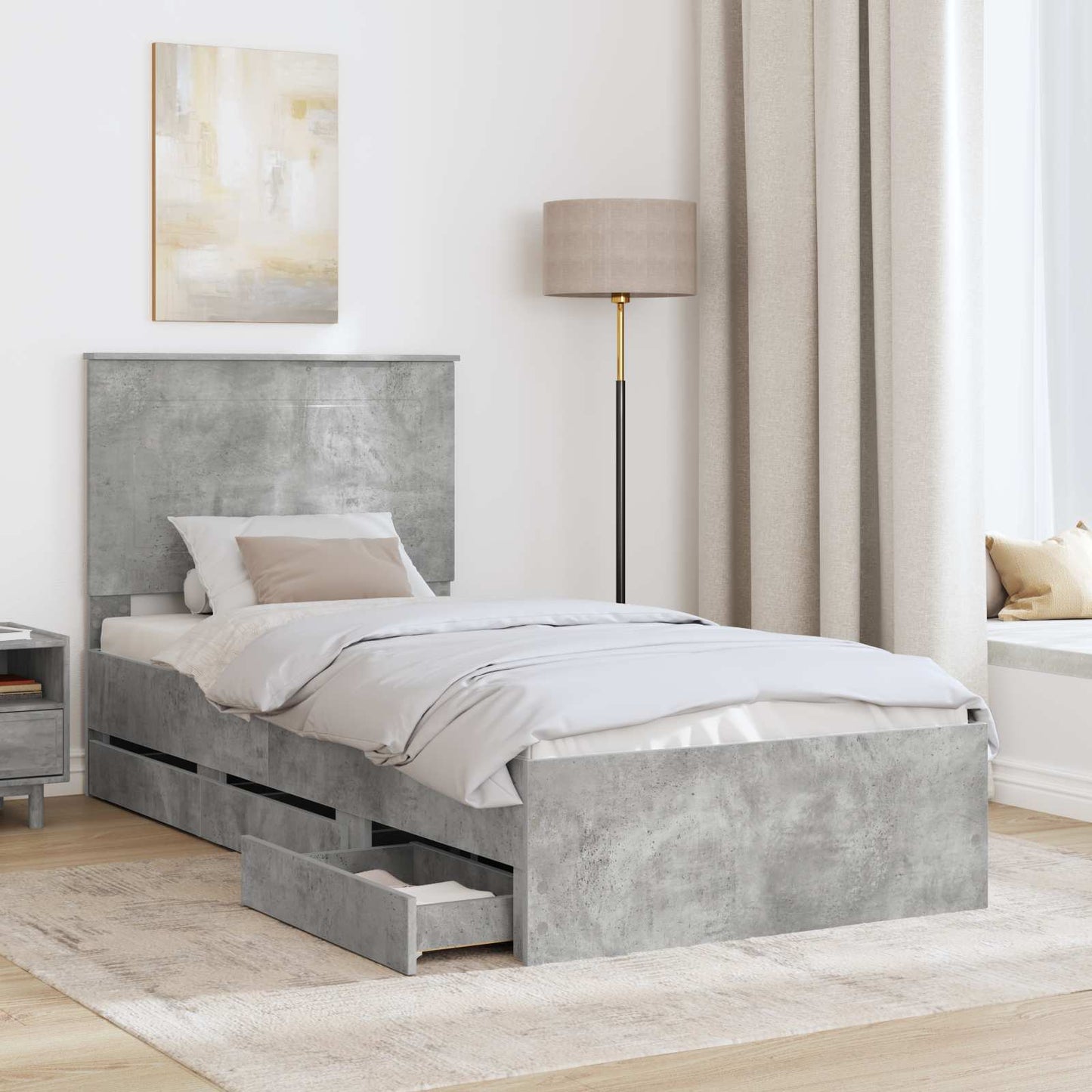 vidaXL Bed Frame with Drawer Concrete Grey 90 x 200 cm Engineer Wood