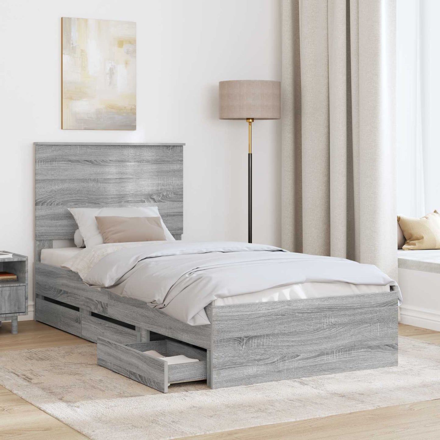 vidaXL Bed Frame with Drawer Grey Sonoma 90 x 200 cm Engineer Wood