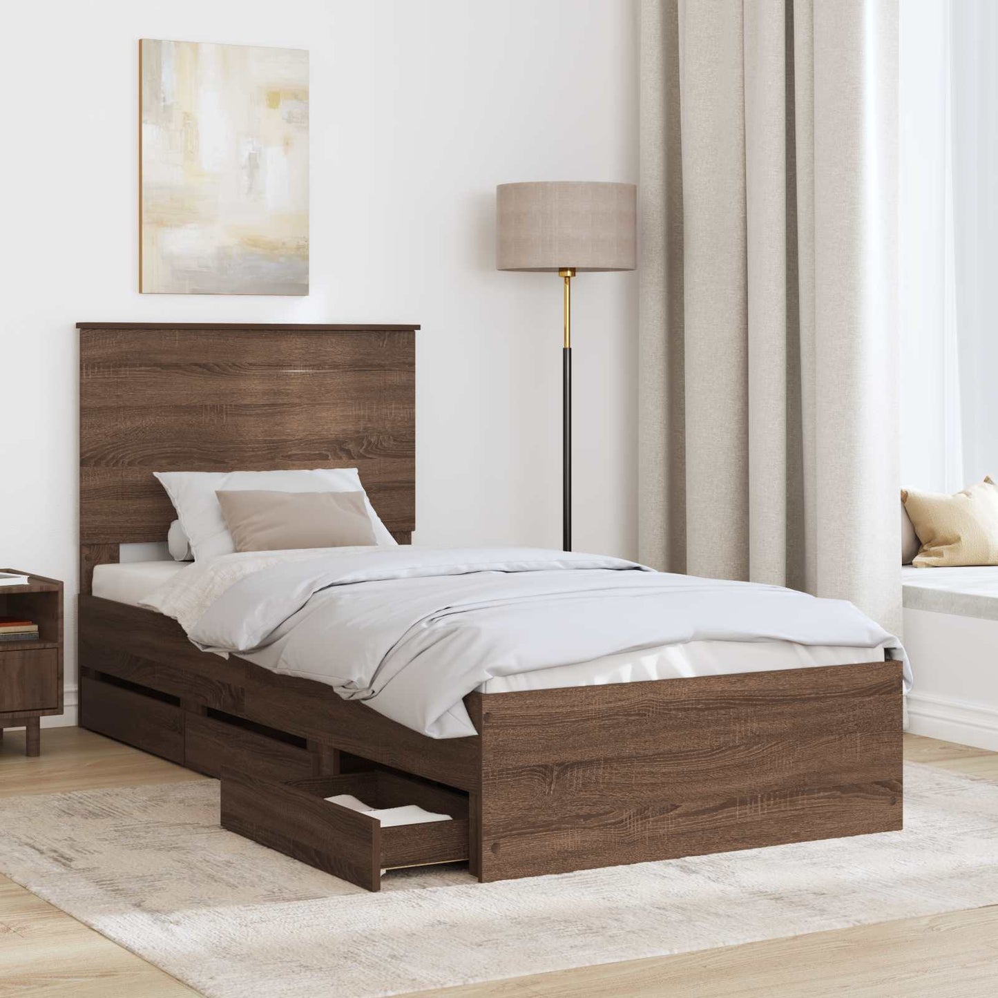 vidaXL Bed Frame with Drawer Brown Oak 75 x 190 cm Engineer Wood