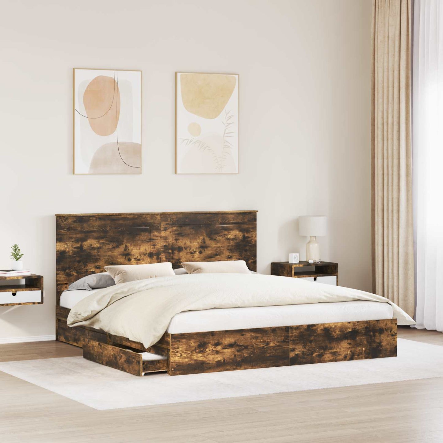vidaXL Storage Bed with Drawer Smoked Oak 180 x 200 cm Engineered Wood