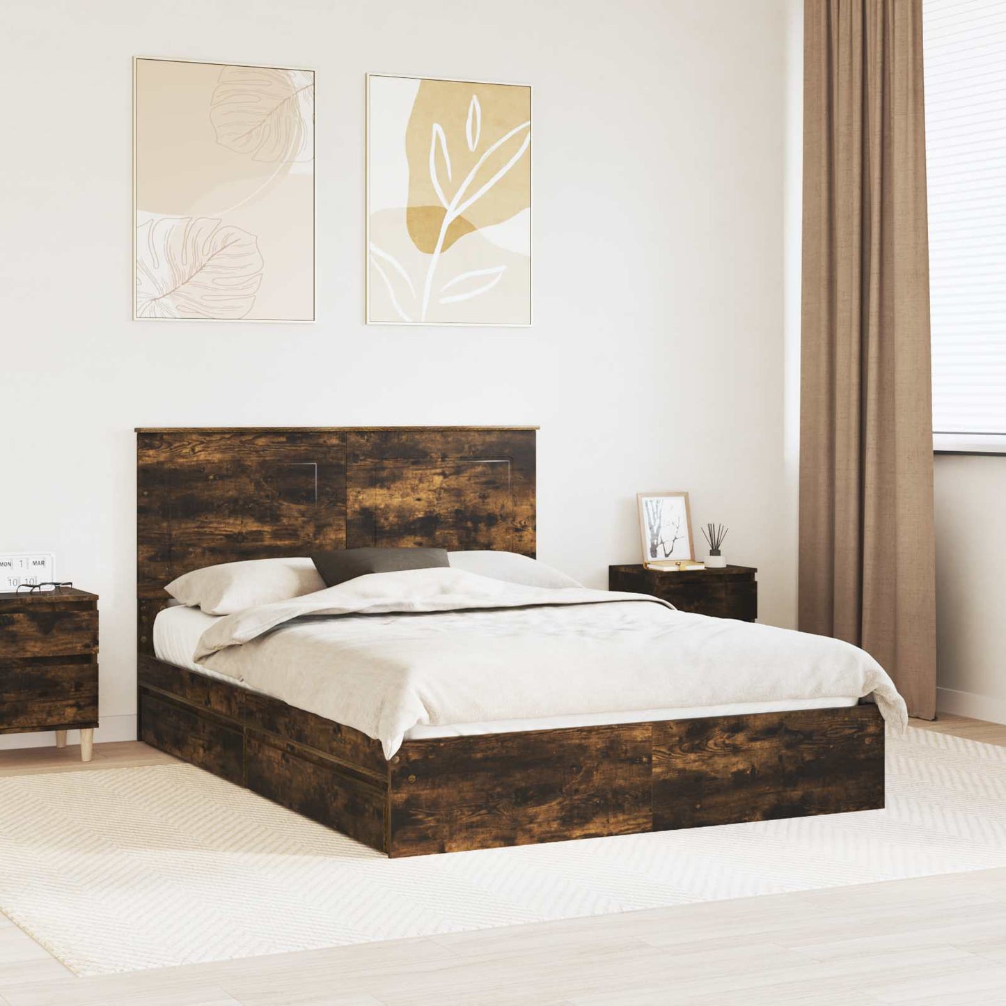 vidaXL Storage Bed with Drawer Smoked Oak 160 x 200 cm Engineered Wood