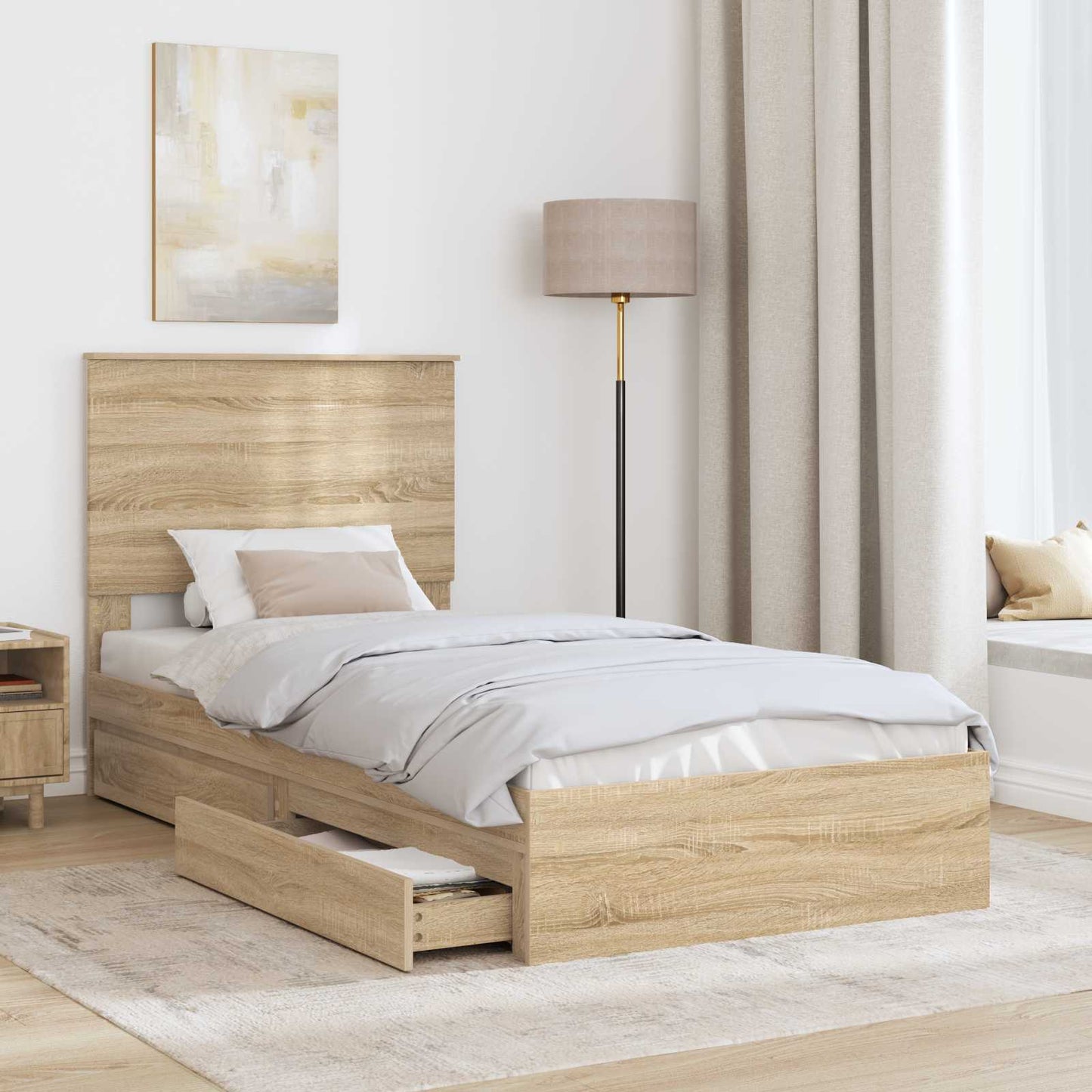 vidaXL Storage Bed with Drawer Sonoma Oak 90 x 200 cm Engineered Wood