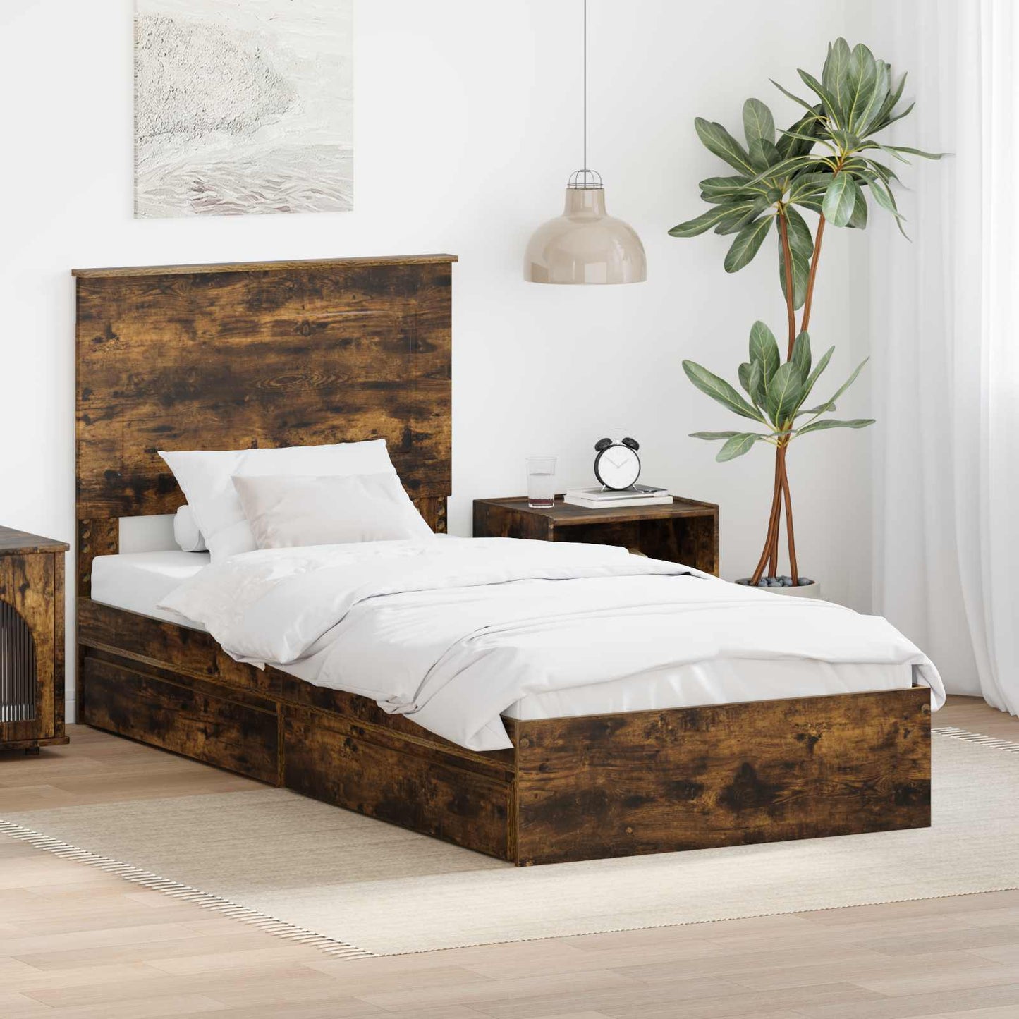 vidaXL Storage Bed with Drawer Smoked Oak 90 x 200 cm Engineered Wood