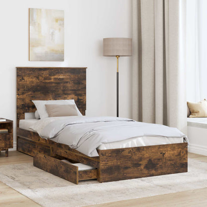 vidaXL Storage Bed with Drawer Smoked Oak 90 x 200 cm Engineered Wood