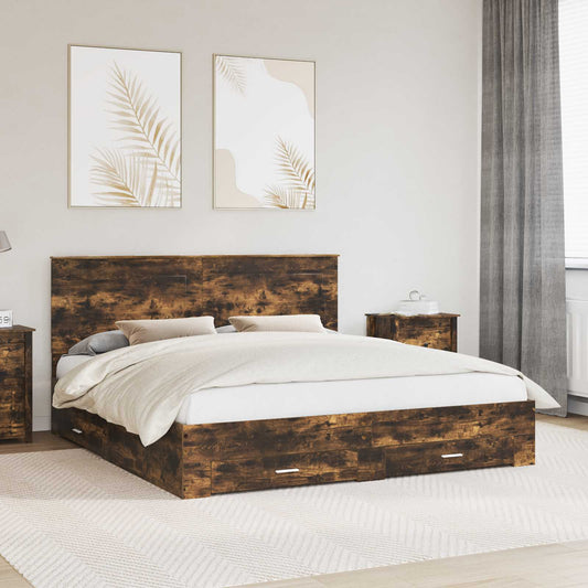 vidaXL Bed Frame with Drawer Smoked Oak 200 x 200 cm Engineered Wood