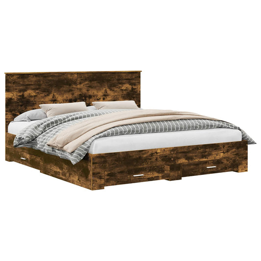 vidaXL Bed Frame with Drawer Smoked Oak 200 x 200 cm Engineered Wood