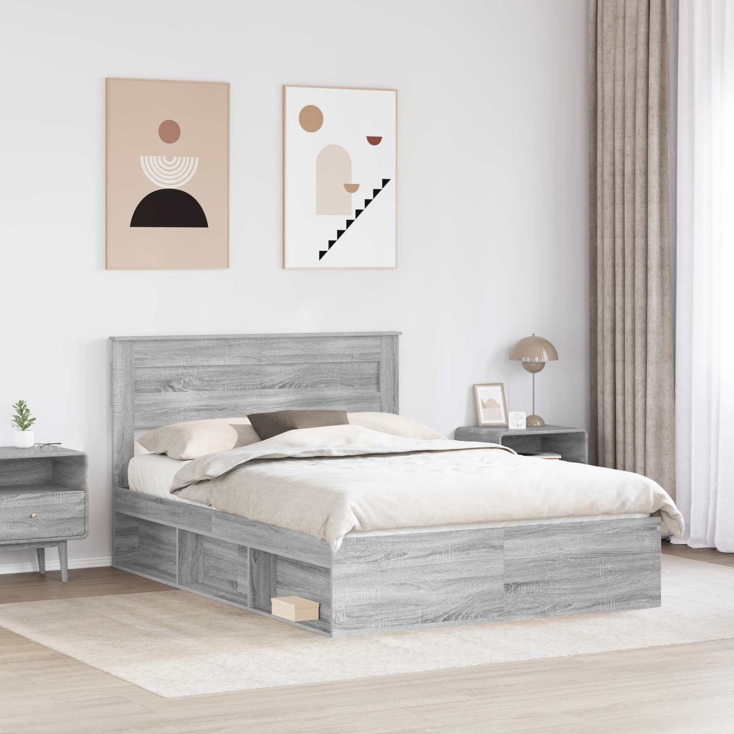 vidaXL Bed Frame with Storage Grey Sonoma 150 x 200 cm Solid Pine Wood
