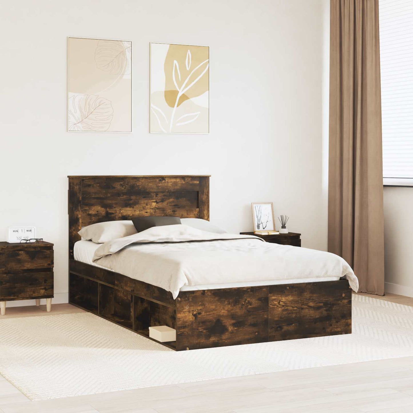 vidaXL Bed Frame with Storage Smoked Oak 120 x 190 cm Solid Pine Wood
