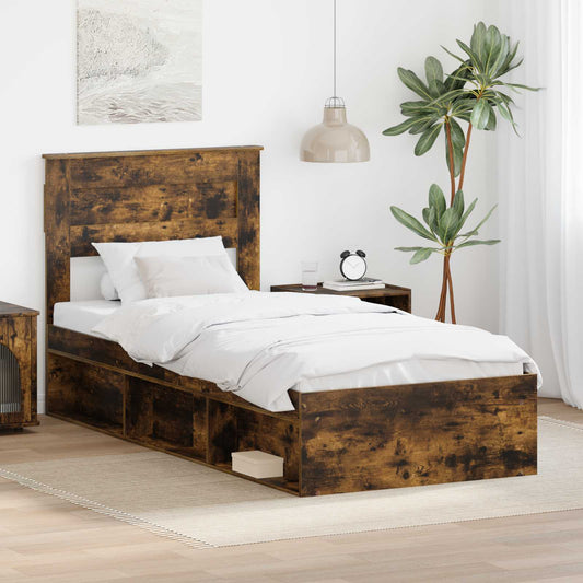 vidaXL Bed Frame with Storage Smoked Oak 100 x 200 cm Solid Pine Wood