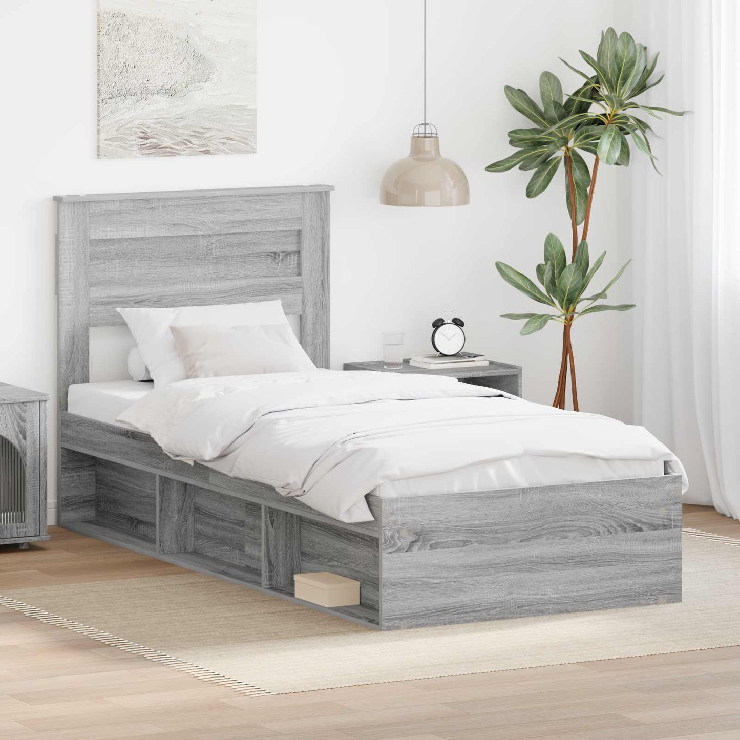 vidaXL Bed Frame with Storage Grey Sonoma 90 x 200 cm Solid Pine Wood