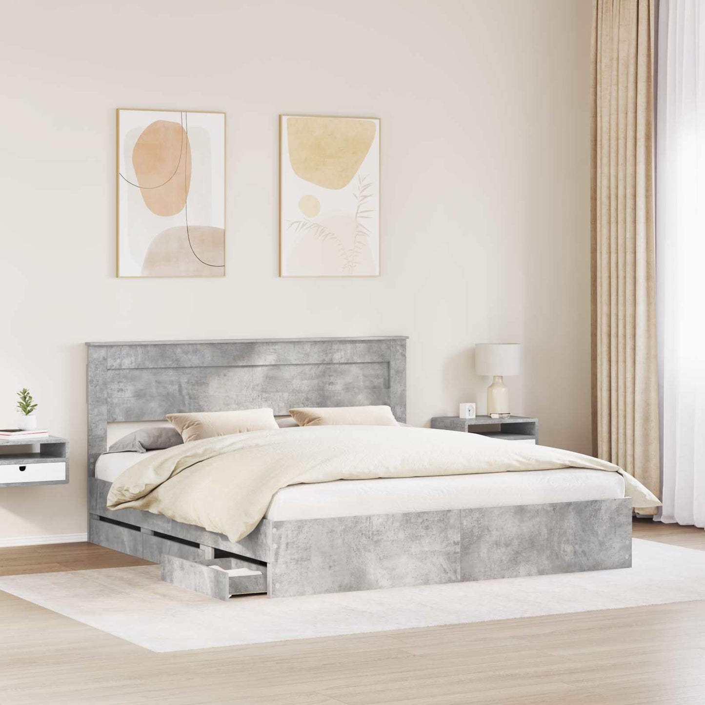 vidaXL Bed Frame with Drawer Concrete Grey 200 x 200 cm Engineer Wood
