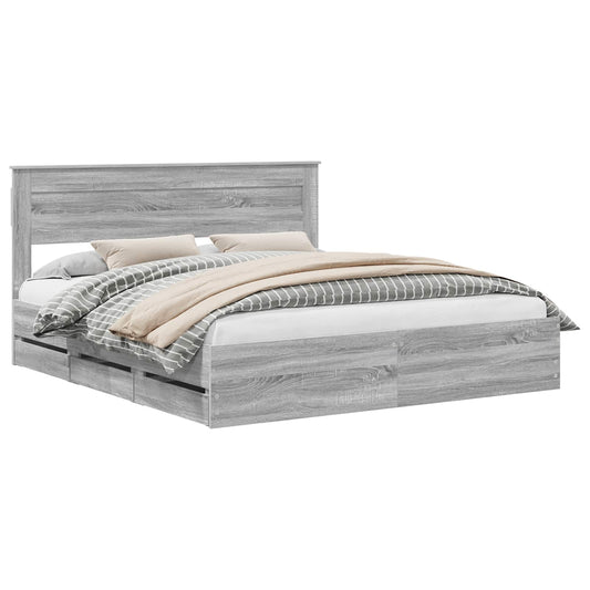vidaXL Bed Frame with Drawer Grey Sonoma 200 x 200 cm Engineer Wood