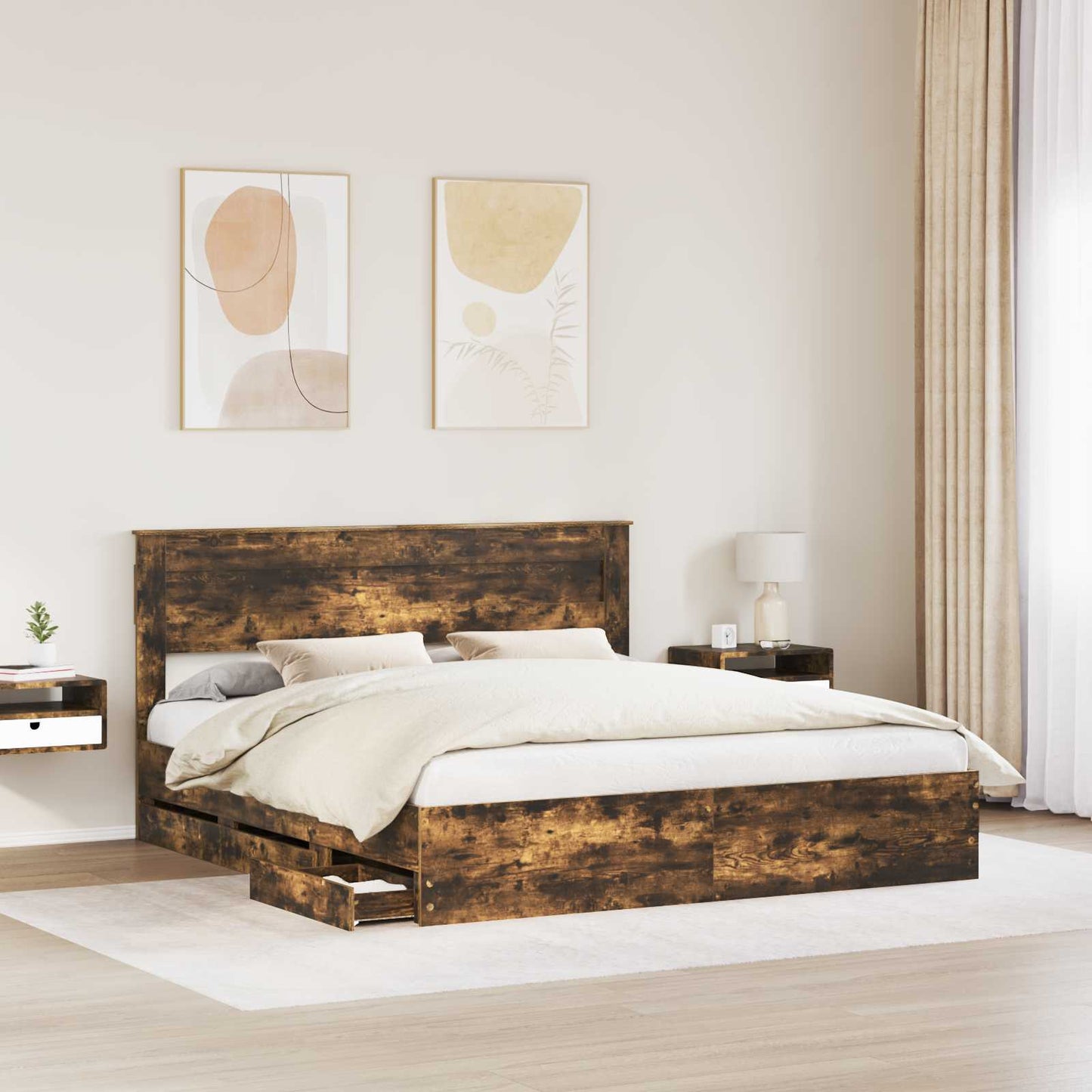 vidaXL Bed Frame with Drawer Smoked Oak 180 x 200 cm Engineer Wood