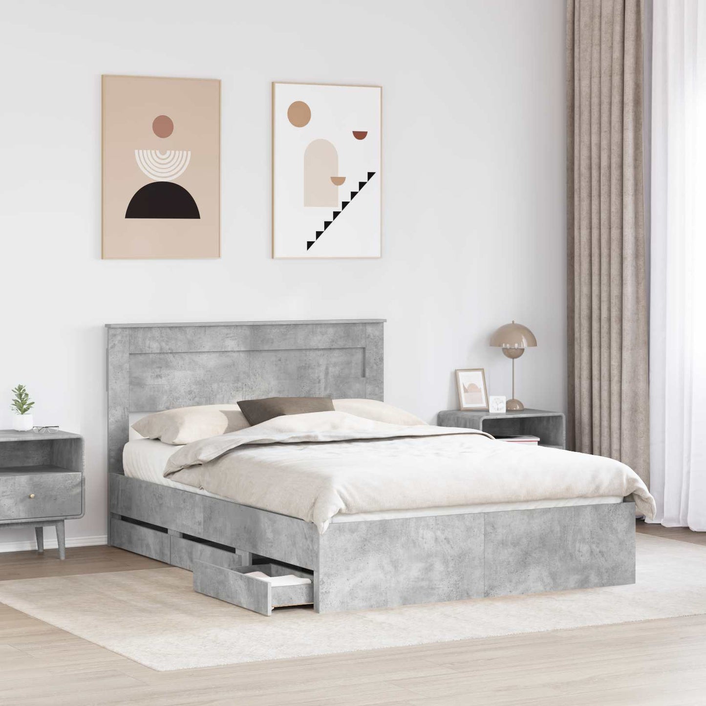 vidaXL Bed Frame with Drawer Concrete Grey 140 x 190 cm Engineer Wood