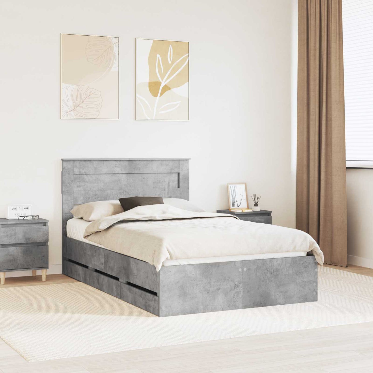 vidaXL Bed Frame with Drawer Concrete Grey 135 x 190 cm Engineer Wood