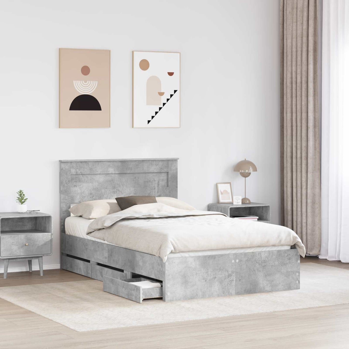 vidaXL Bed Frame with Drawer Concrete Grey 135 x 190 cm Engineer Wood