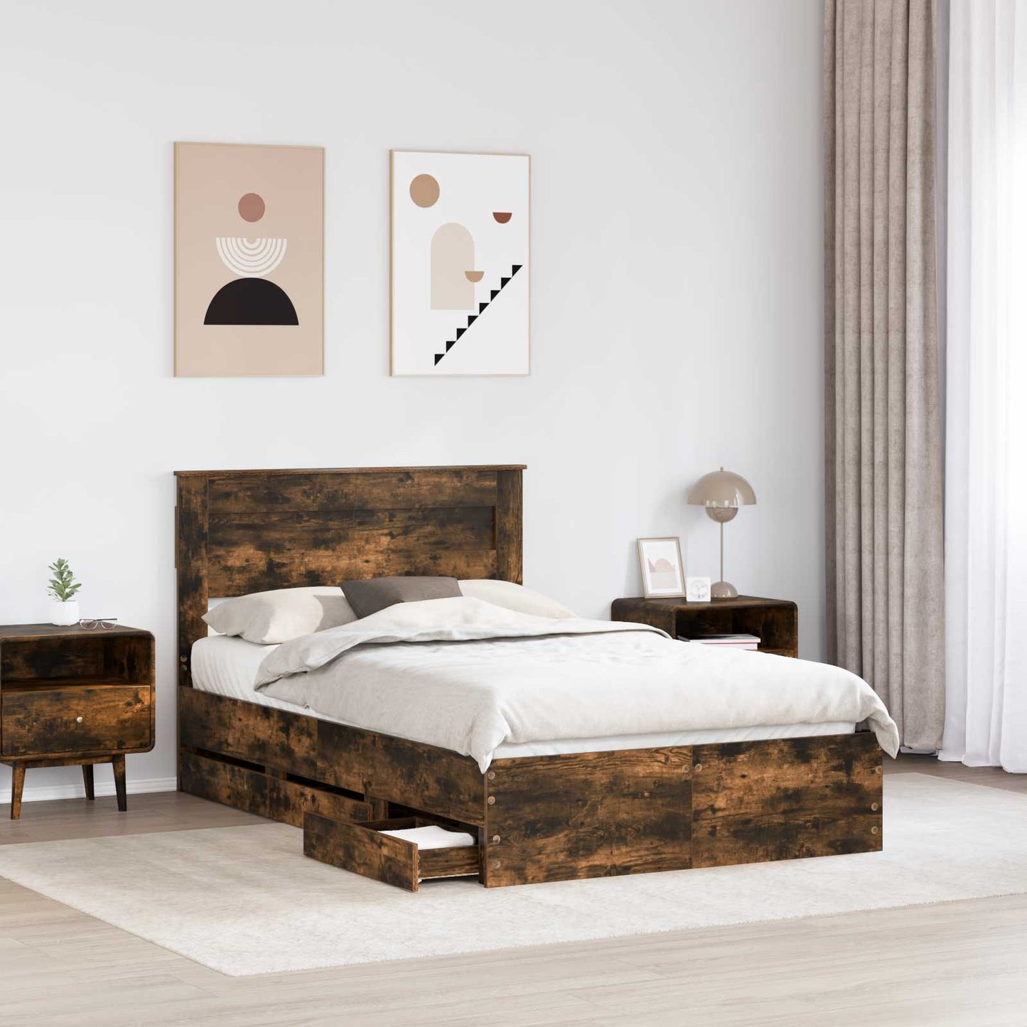 vidaXL Bed Frame with Drawer Smoked Oak 135 x 190 cm Engineer Wood