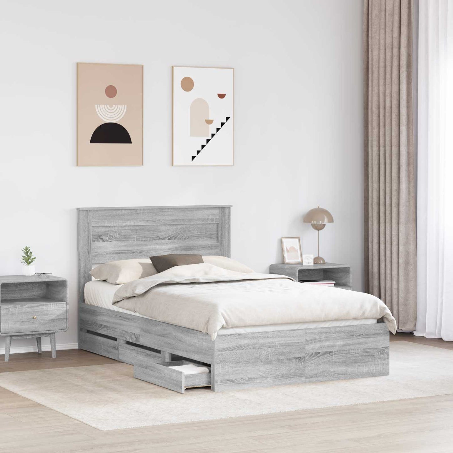 vidaXL Bed Frame with Drawer Grey Sonoma 120 x 190 cm Engineer Wood