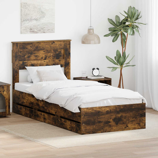 vidaXL Bed Frame with Drawer Smoked Oak 100 x 200 cm Engineer Wood