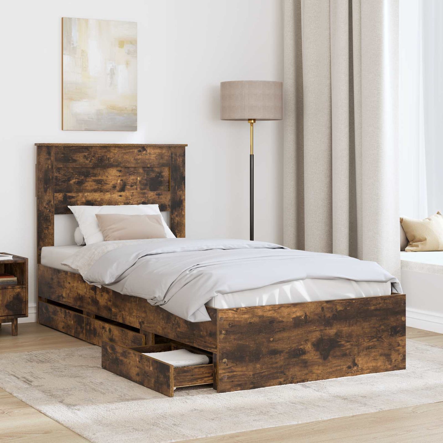vidaXL Bed Frame with Drawer Smoked Oak 100 x 200 cm Engineer Wood