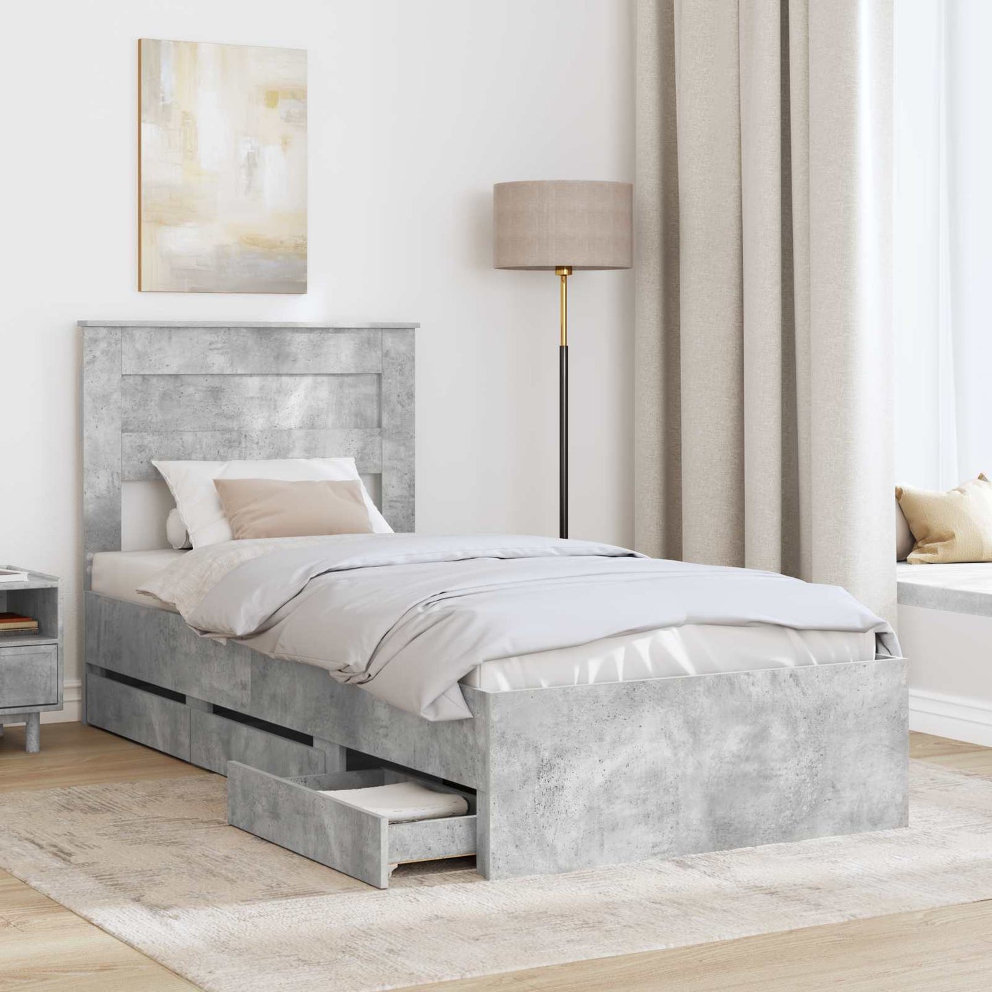 vidaXL Bed Frame with Drawer Concrete Grey 90 x 200 cm Engineer Wood