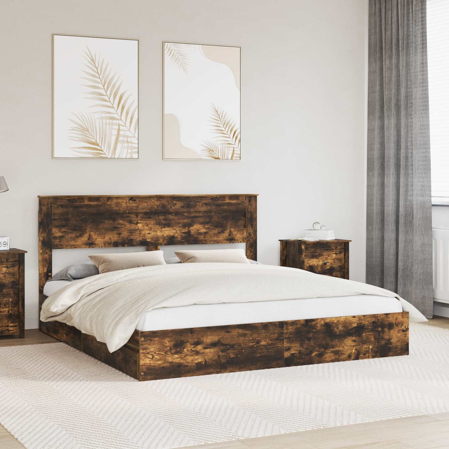vidaXL Storage Bed with Drawer Smoked Oak 180 x 200 cm Engineered Wood